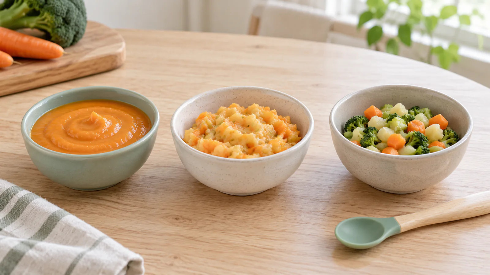 Tre skåler med babymat fra glatt mos til grovere biter