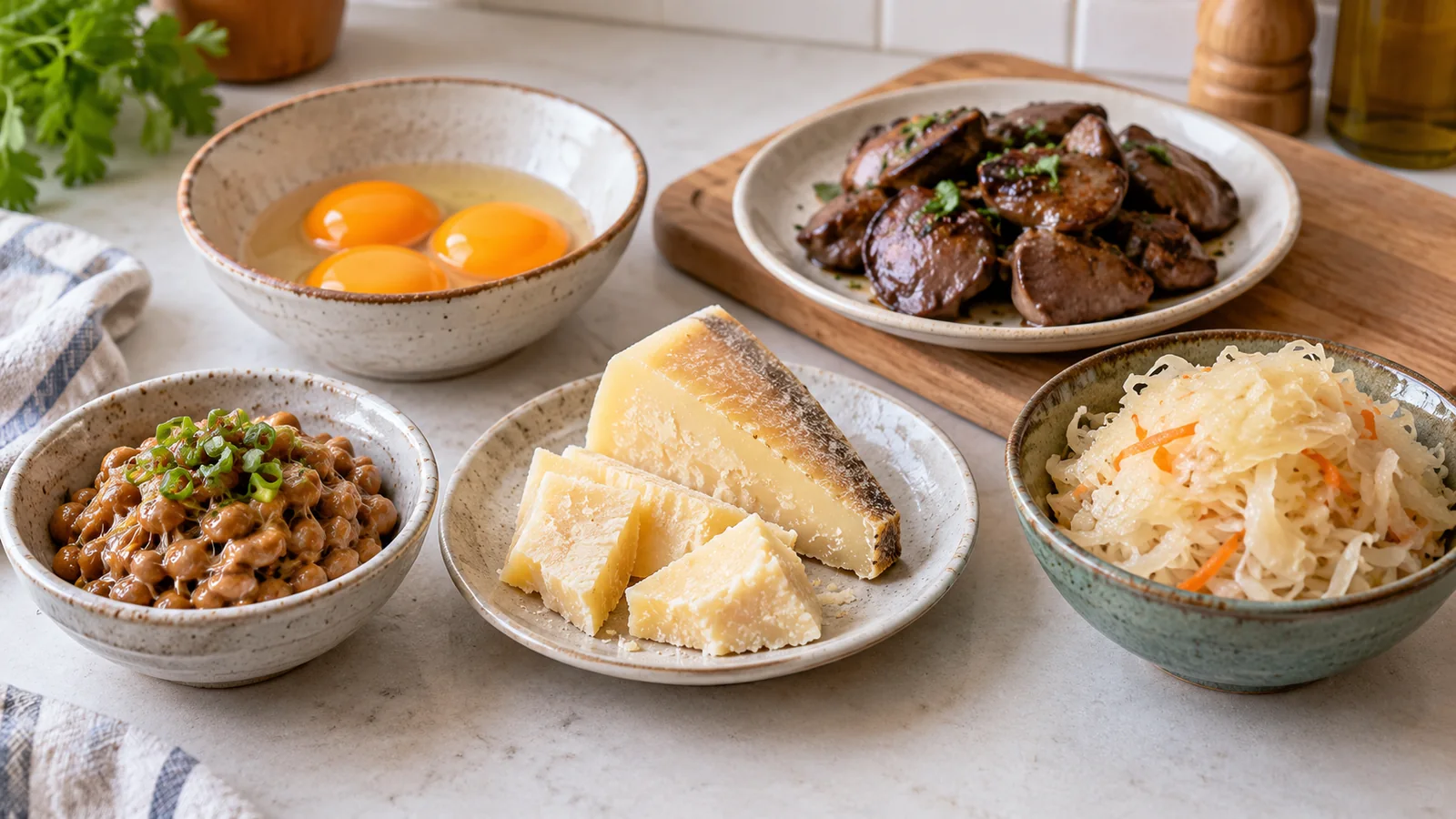 Ciotole con natto, formaggio, uova, fegato e crauti su un piano di cucina
