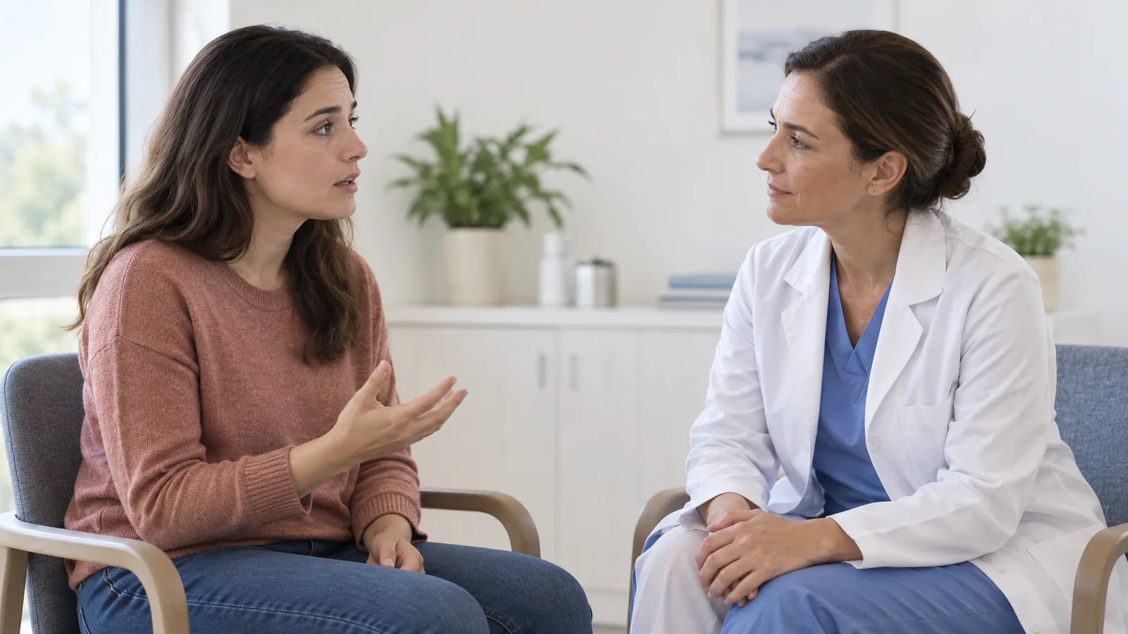 En läkare och en patient samtalar på en mottagning.