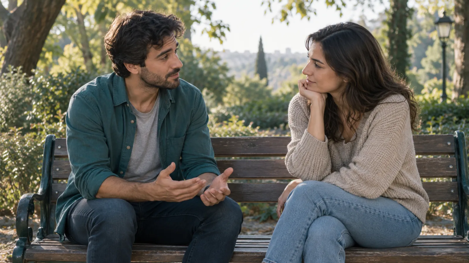 Dos personas adultas conversan con calma en un parque.