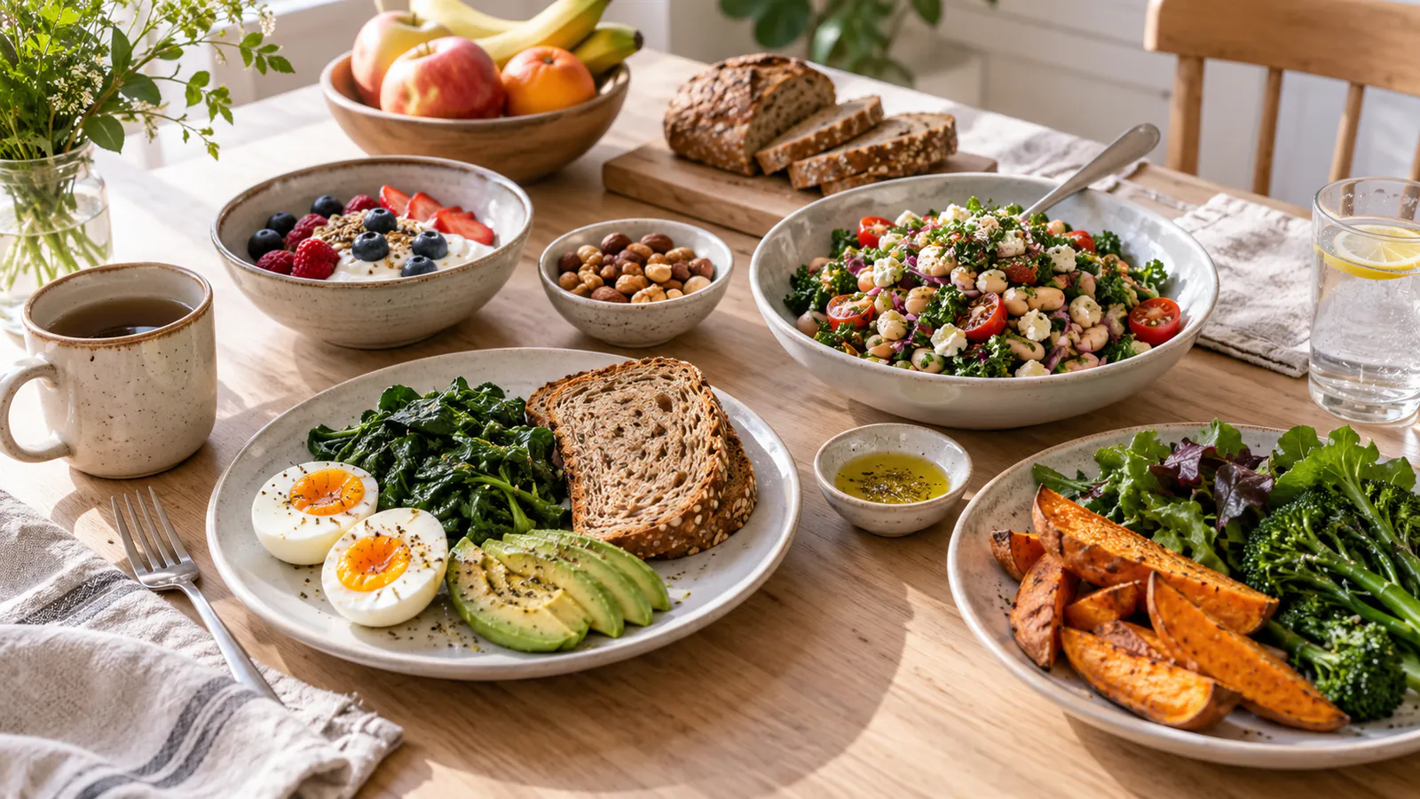 Un tavolo con uova, avocado, pane integrale, insalata di legumi, frutta secca e verdure al forno