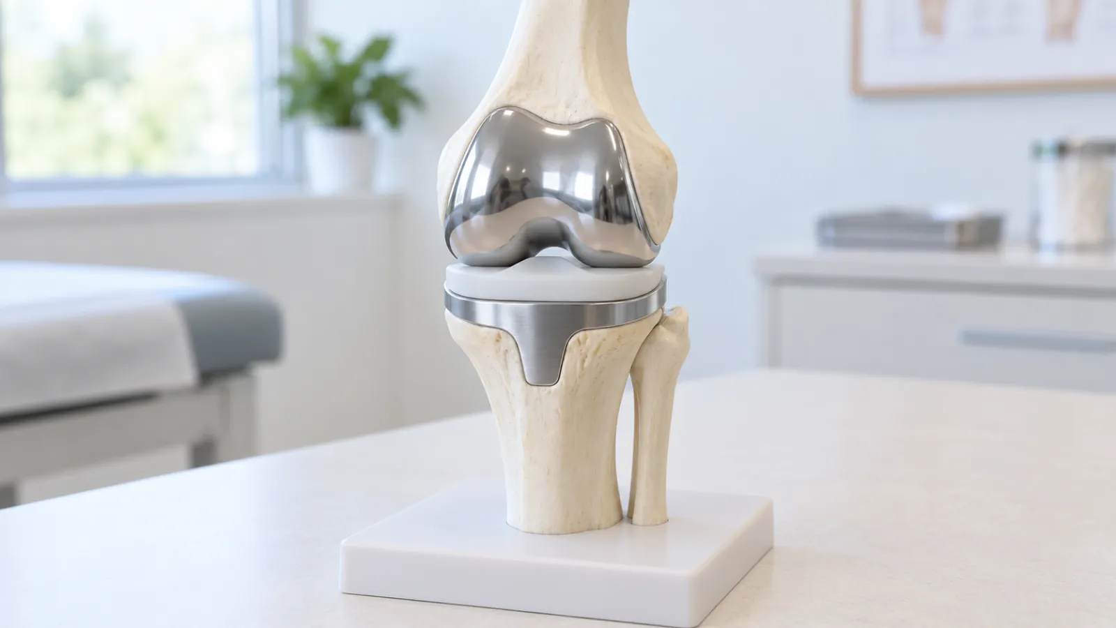Model van een knie met metalen delen van een kunstknie