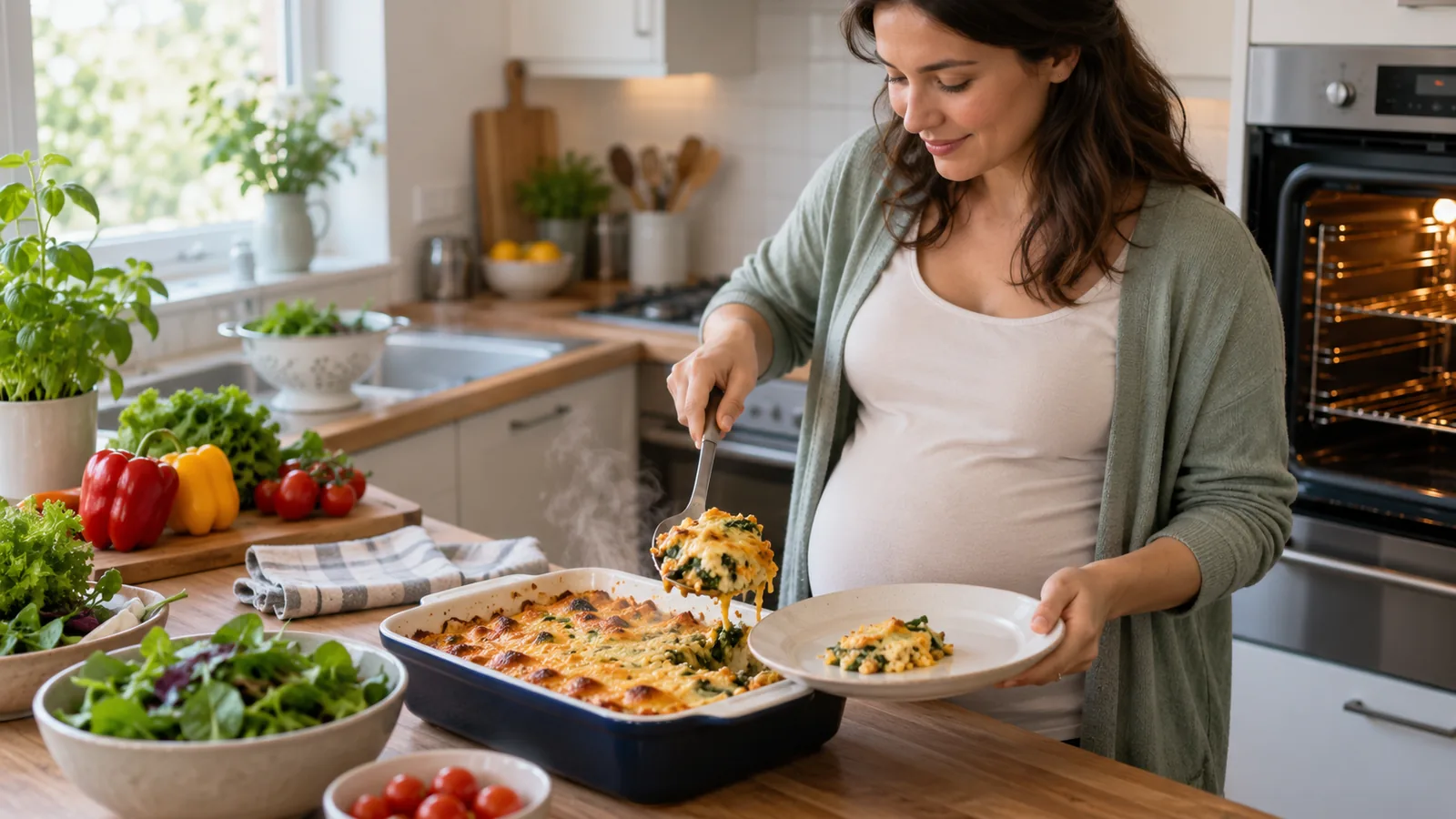 Gravid kvinde tager et fad ud af ovnen