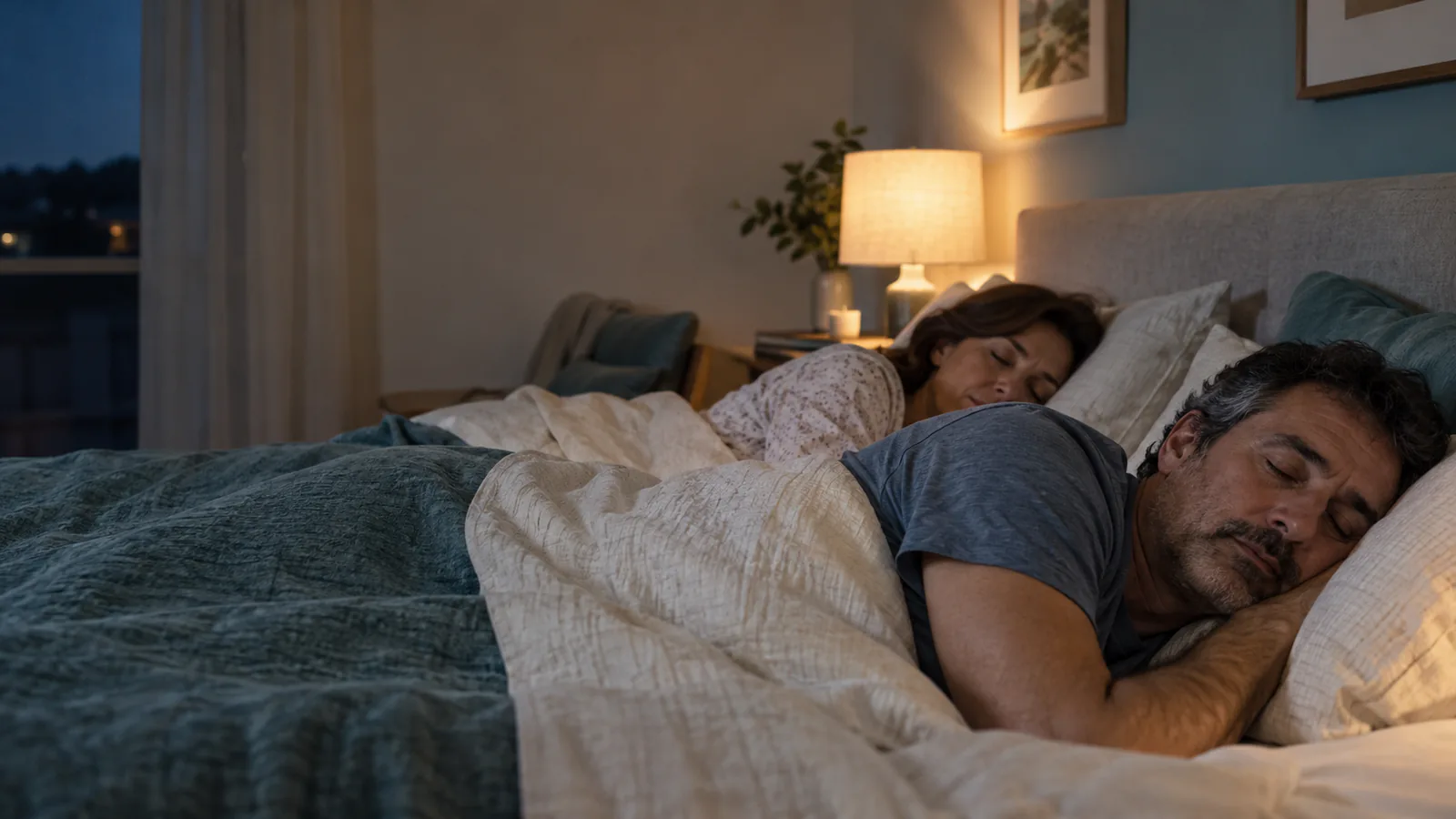 夜のベッドで眠る男性と、隣で眠る女性