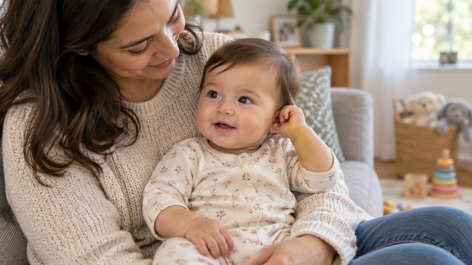 Um adulto consola em casa um bebê que toca suavemente uma orelha