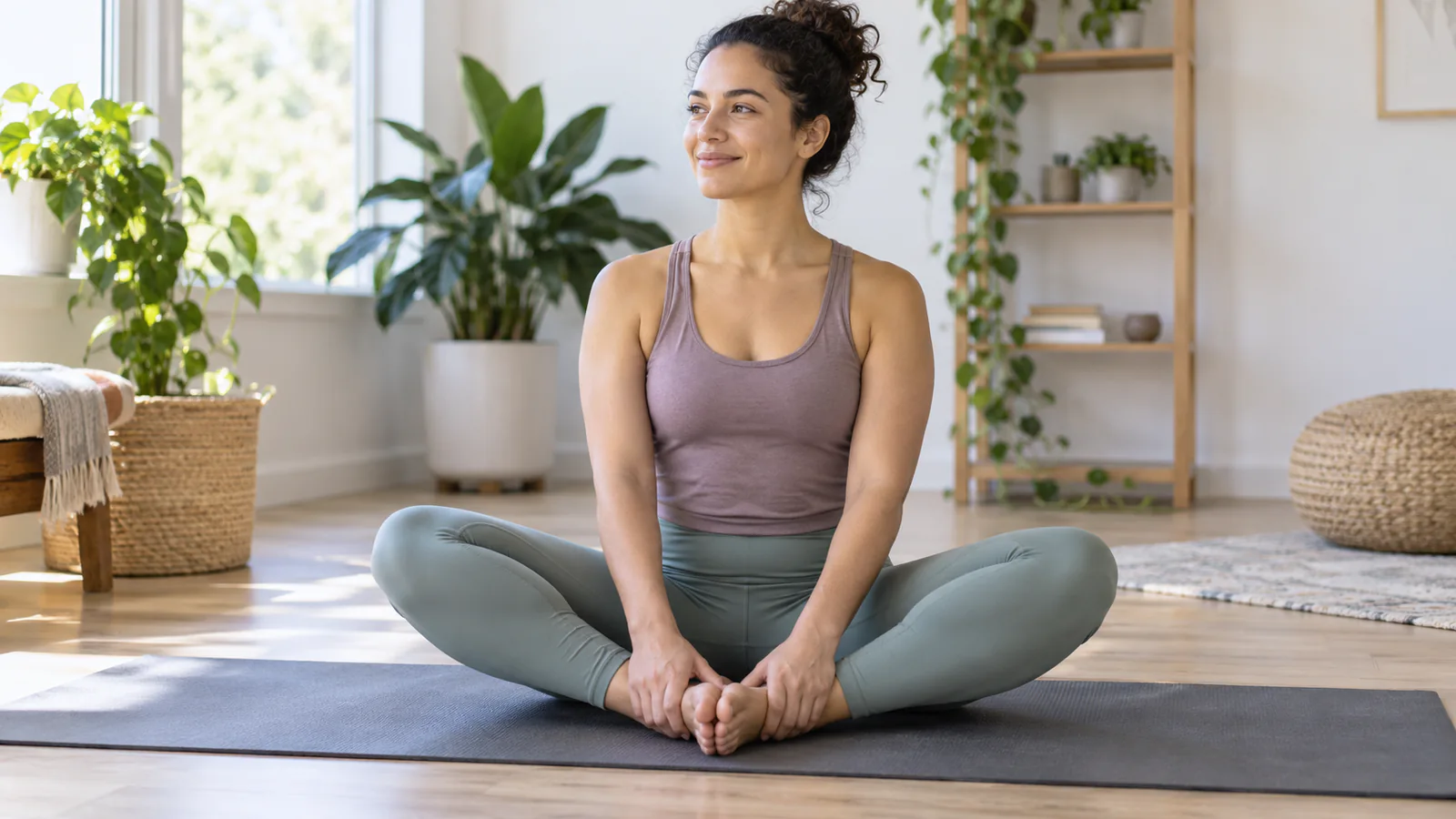 An adult woman sits in a relaxed butterfly stretch on a yoga mat.