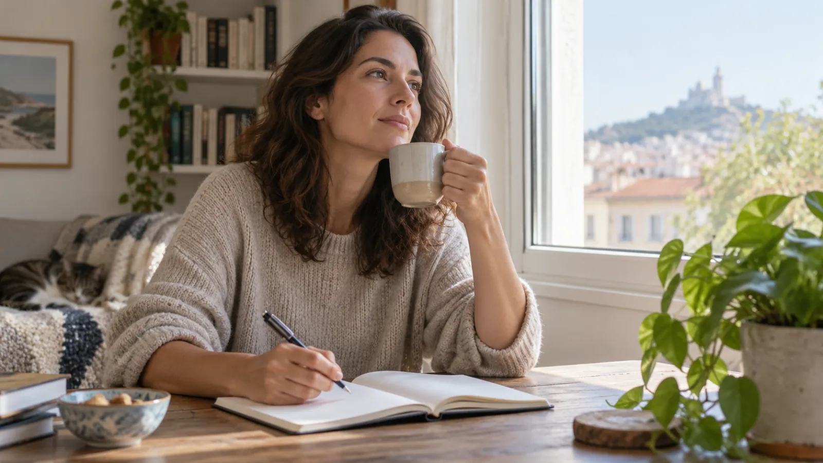 Mujer escribe en un cuaderno junto a una ventana.