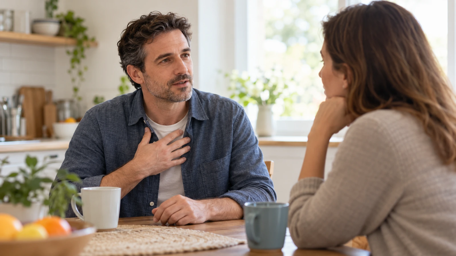 Una persona adulta conversa en casa sobre sus síntomas de voz.