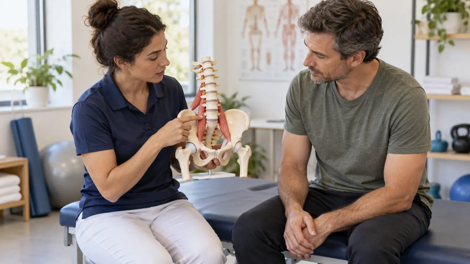 Physiotherapeutin erklärt einem Patienten an einem Wirbelsäulen- und Beckenmodell den Verlauf des Psoas