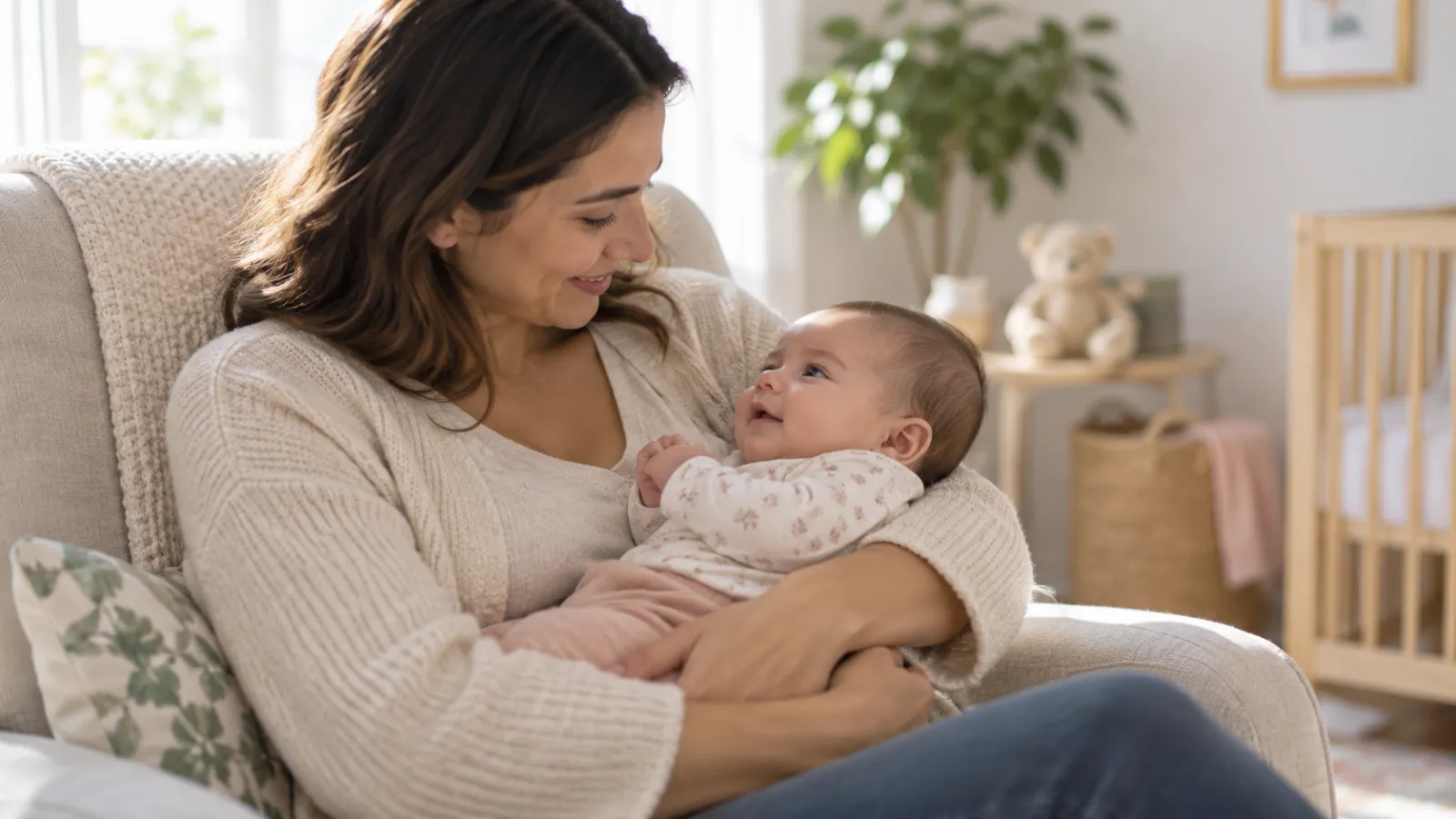 Uma mãe segura o bebê nos braços num ambiente doméstico tranquilo