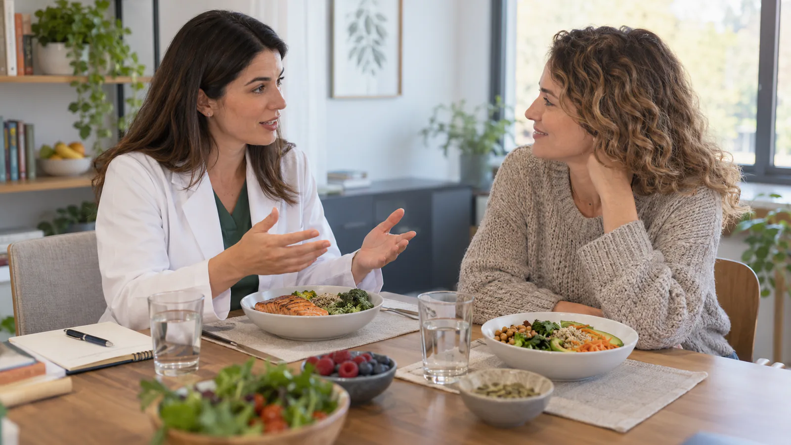 Uma nutricionista conversa com uma paciente sobre um prato variado numa mesa