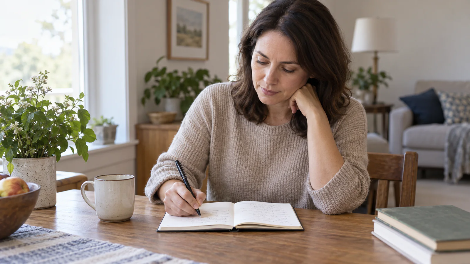 Mujer anota en una libreta la evolución de la tos y el cambio de voz antes de consultar.