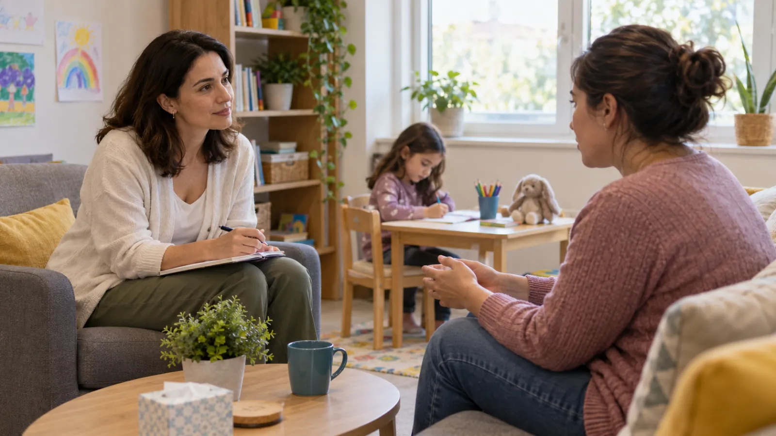 Profesional de apoyo escucha a una mujer mientras una niña dibuja cerca.