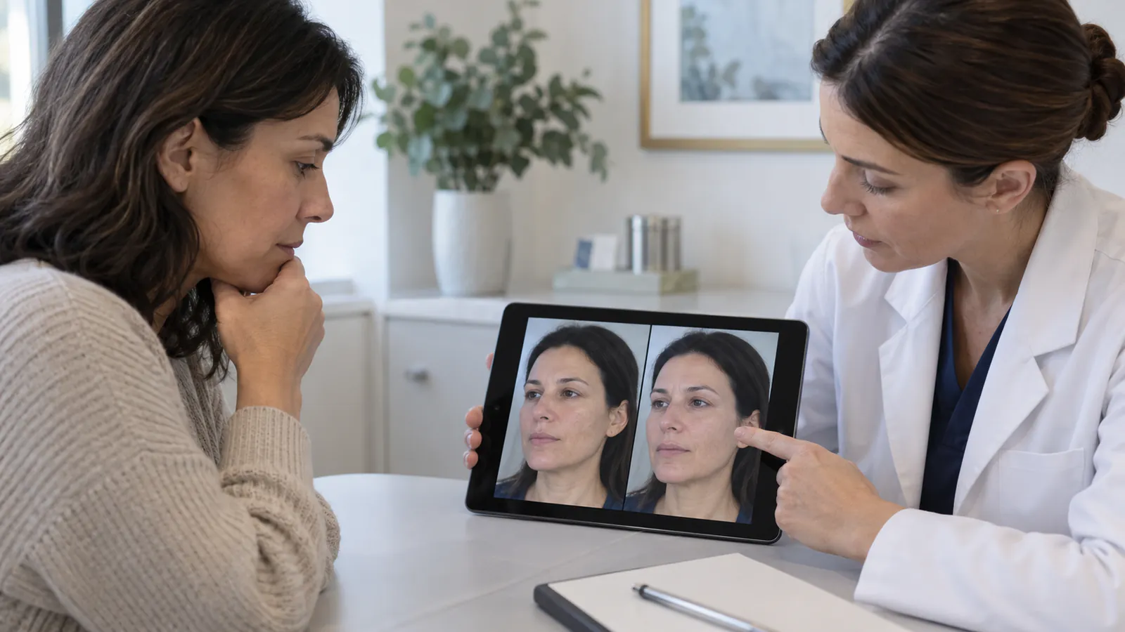 Paciente y profesional sanitaria revisan en una tableta dos retratos faciales tomados con encuadre similar.