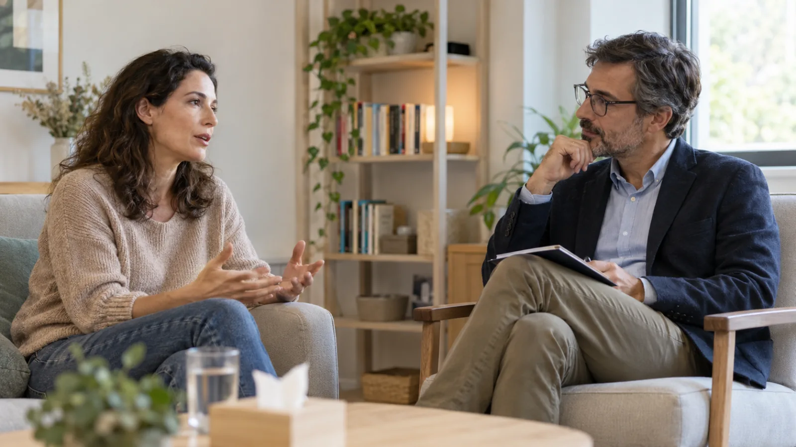 Twee mensen in gesprek in een woonkamer