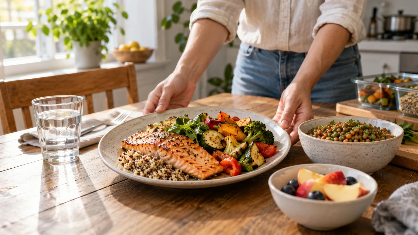 Plato casero de salmón con verduras y lentejas servido en una mesa.
