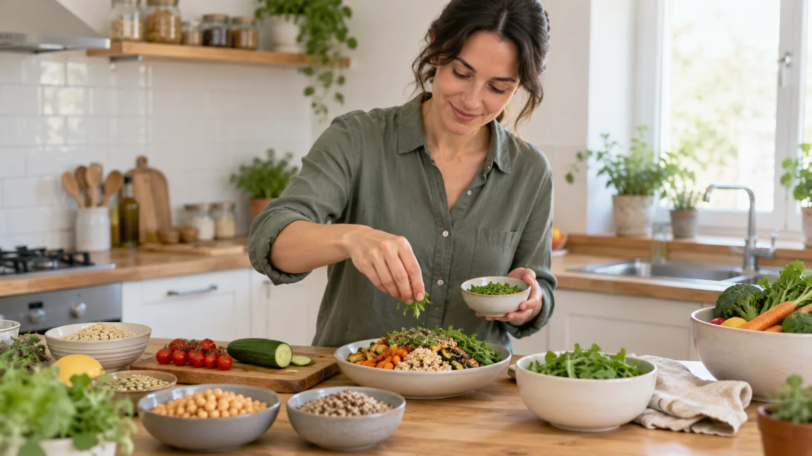 Kvinde tilbereder en salat i et køkken