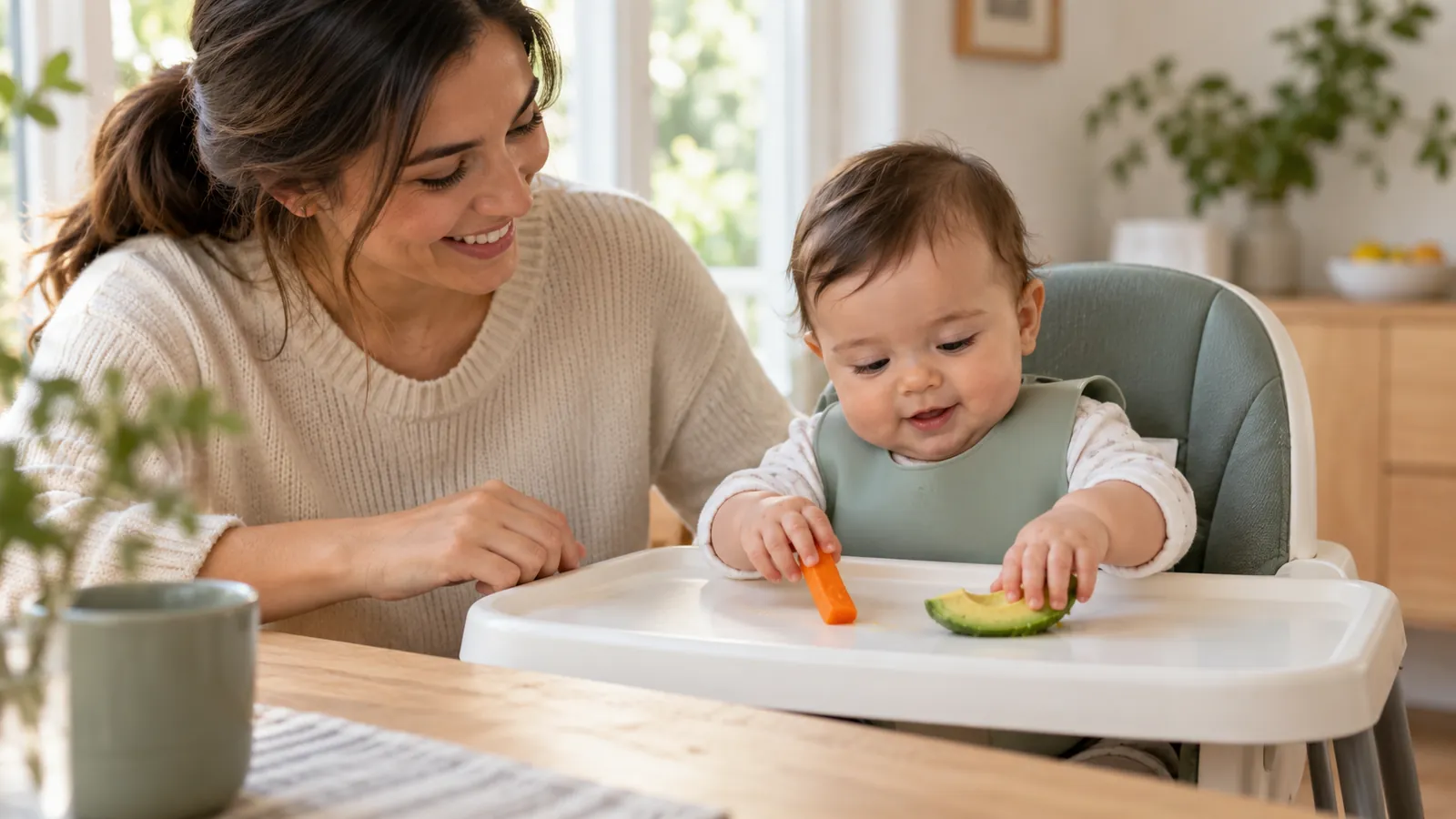 Baby i barnestol holder en grønnsaksbit mens moren ser på