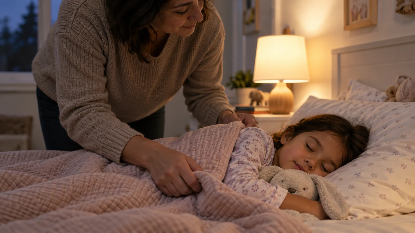 Um adulto ajeita a manta de uma criança pequena que dorme num quarto com pouca luz
