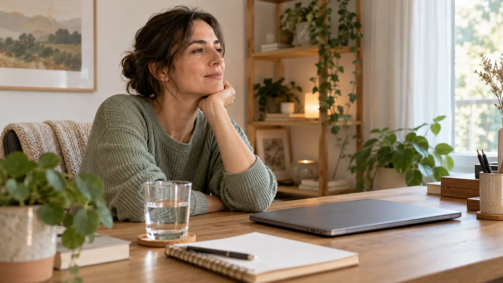 Persona adulta descansa de una reunión en casa con agua y un cuaderno sobre la mesa.