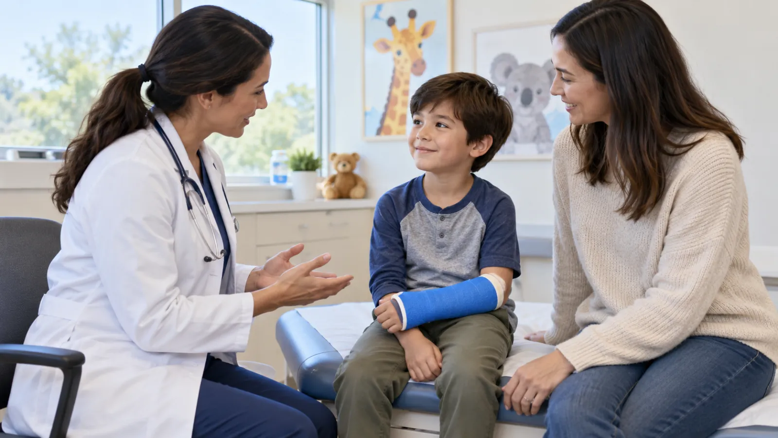 Un niño con el antebrazo escayolado conversa con su madre y una profesional sanitaria.