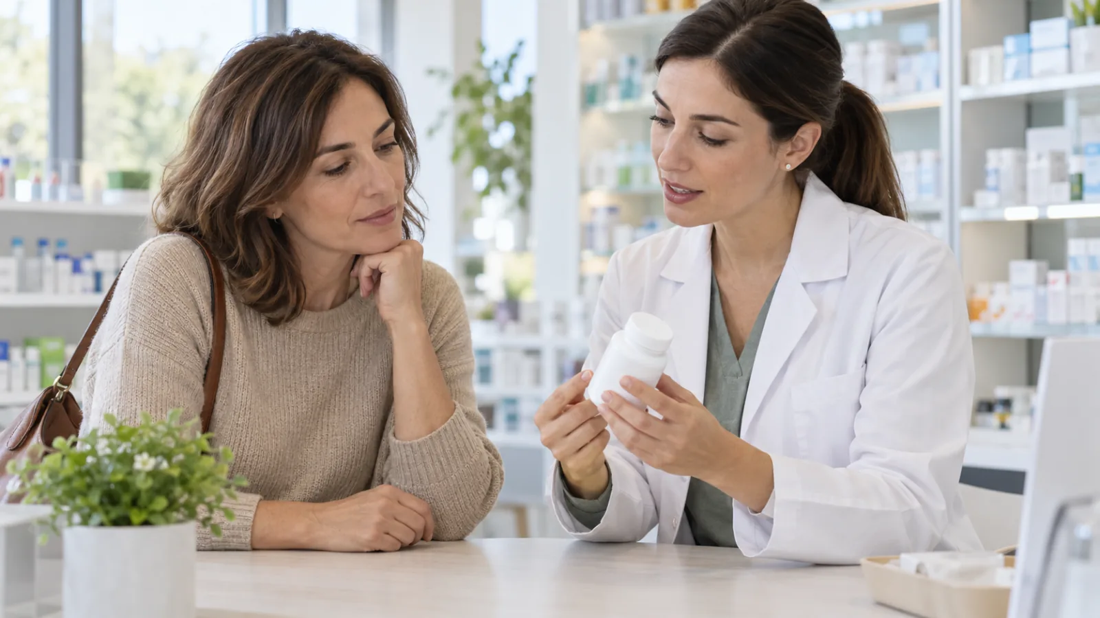 Farmacéutica explica a una paciente un envase sin etiqueta durante una consulta sobre citrato de magnesio.