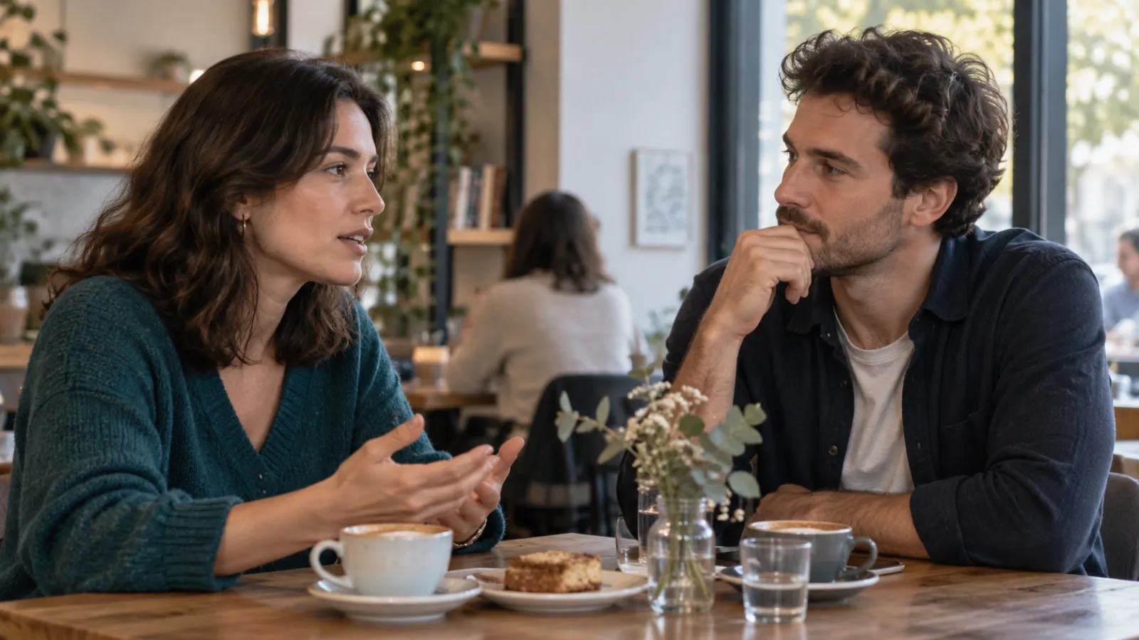 Una donna e un uomo parlano seduti al tavolino di un bar