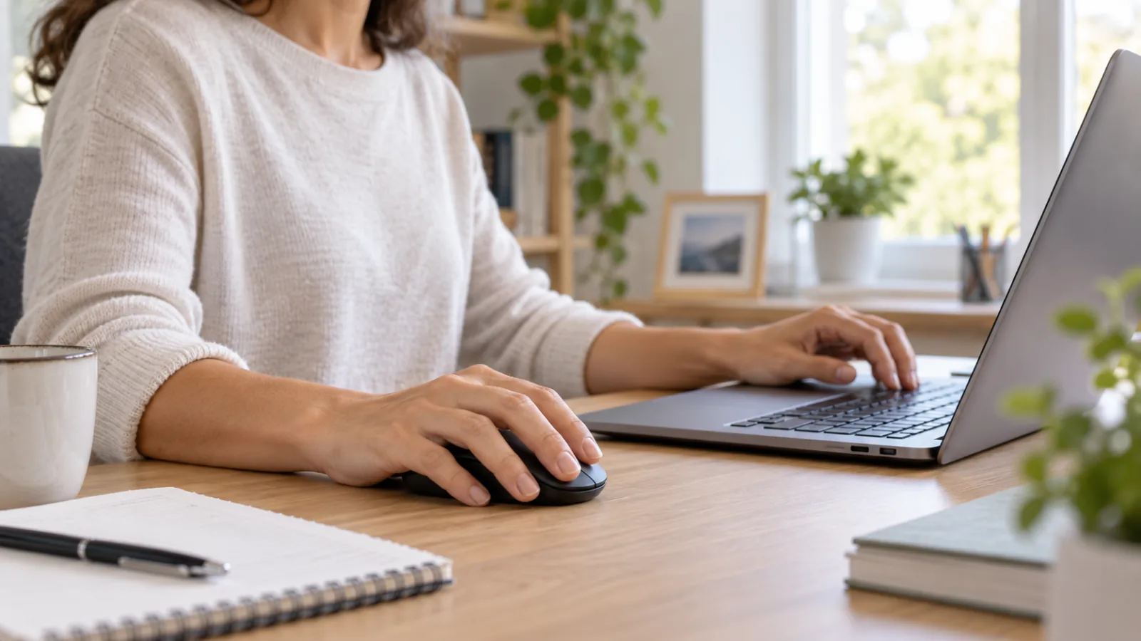 Dłonie na myszce i klawiaturze laptopa przy biurku