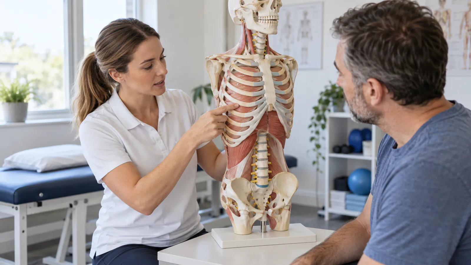 Una fisioterapista mostra a un uomo un modello anatomico della gabbia toracica