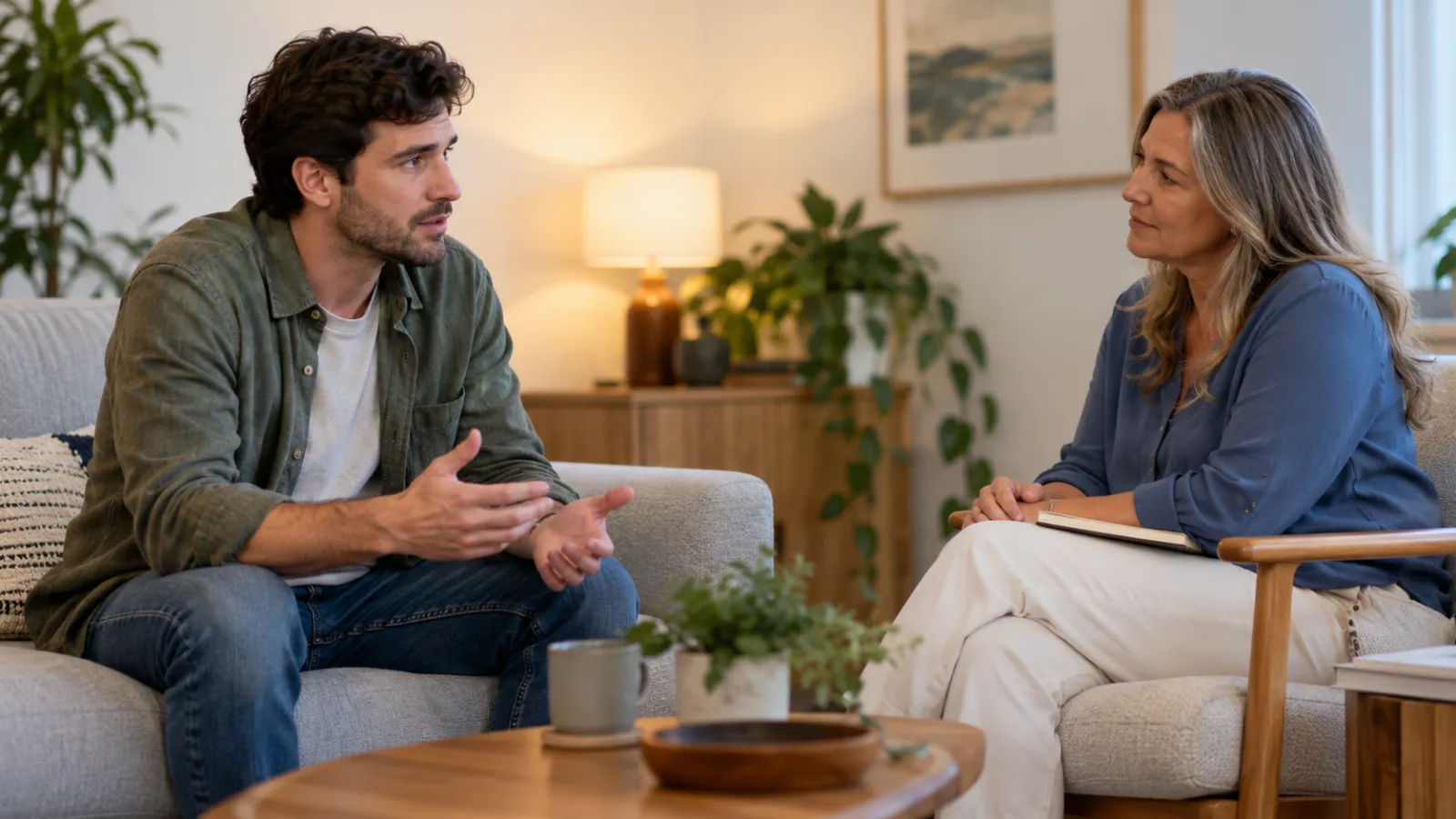 Persona adulta conversa con un profesional en un espacio de apoyo.