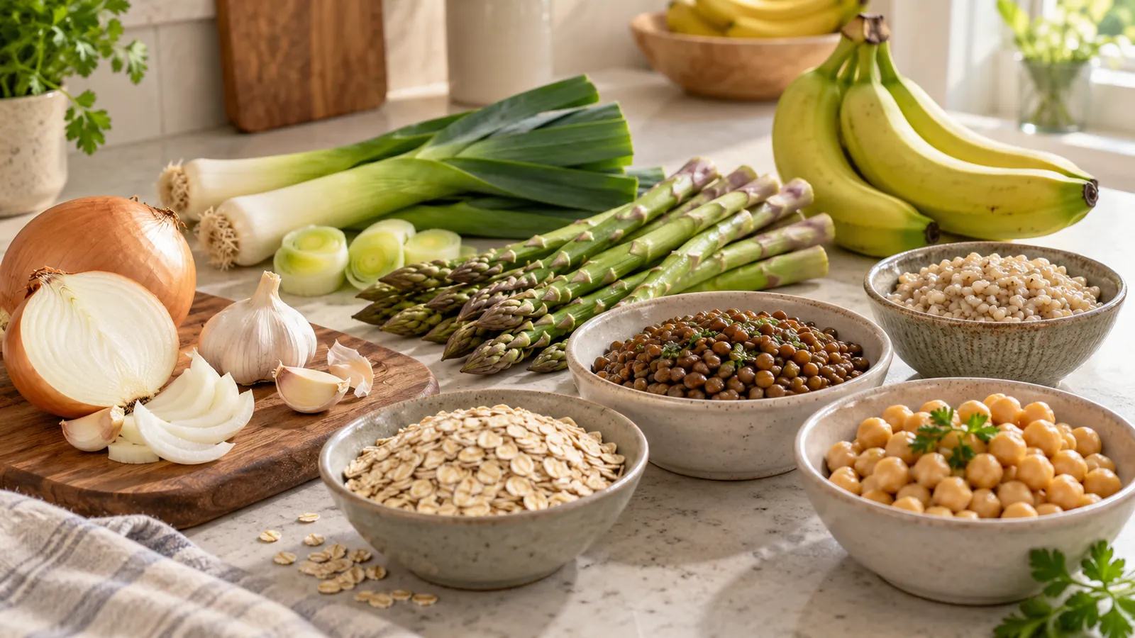 Cipolle, aglio, porri, asparagi, banane, avena e legumi su un piano di lavoro