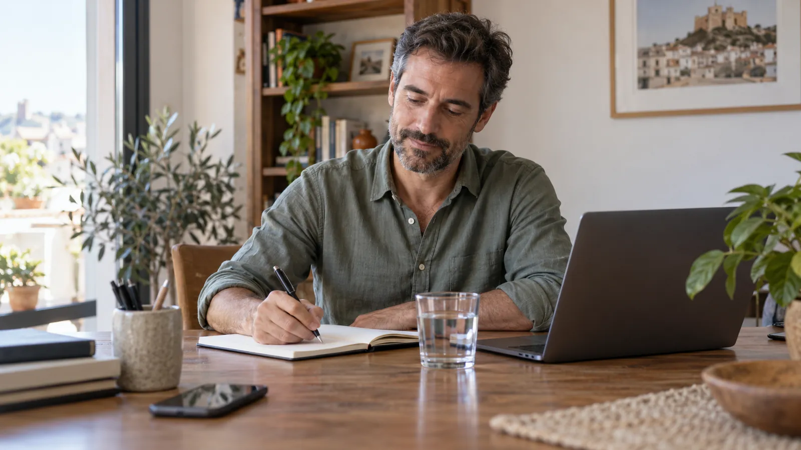 Hombre adulto anota observaciones en su espacio de trabajo junto a un vaso de agua.