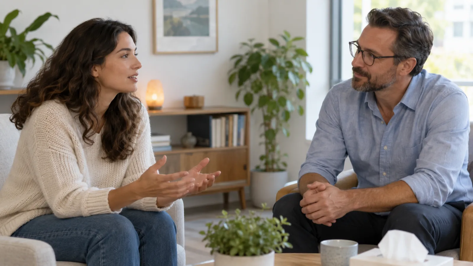 Duas pessoas adultas conversam com atenção num espaço tranquilo