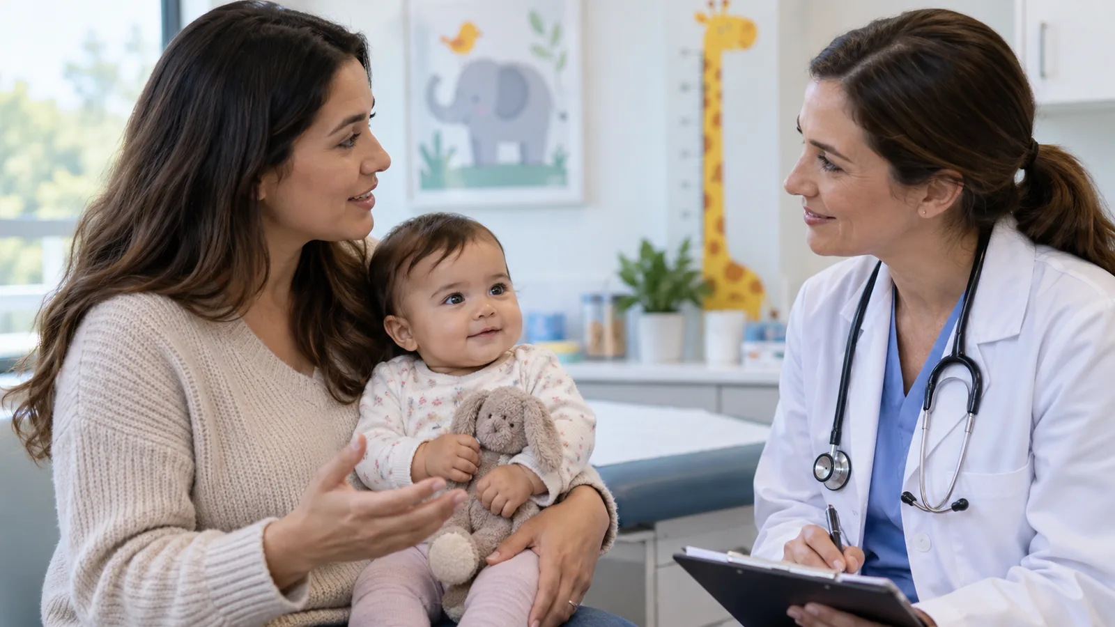 Um adulto segura um bebê tranquilo durante uma consulta pediátrica