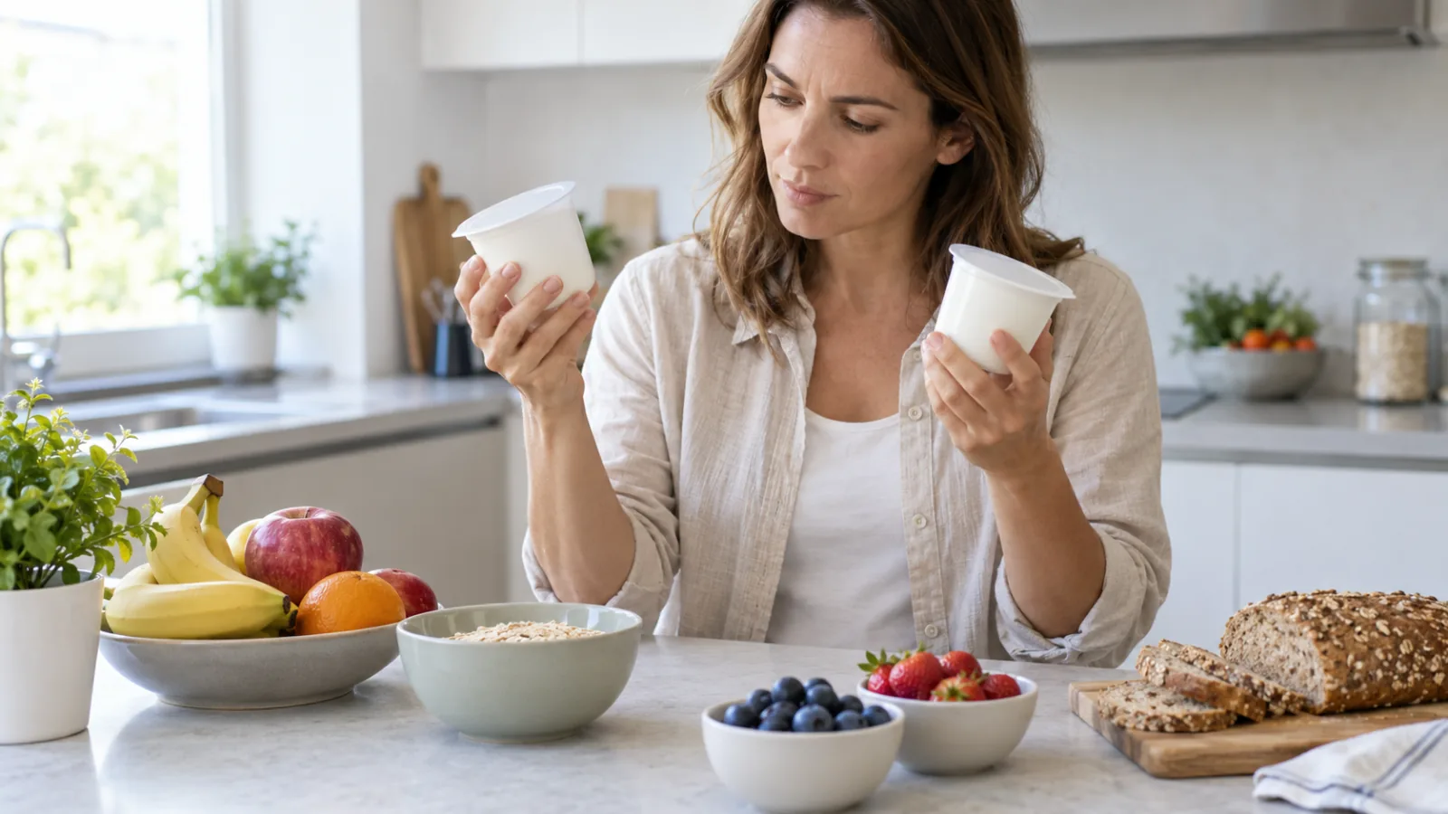 Una mujer compara dos yogures sin etiqueta junto a fruta y alimentos cotidianos en la cocina.
