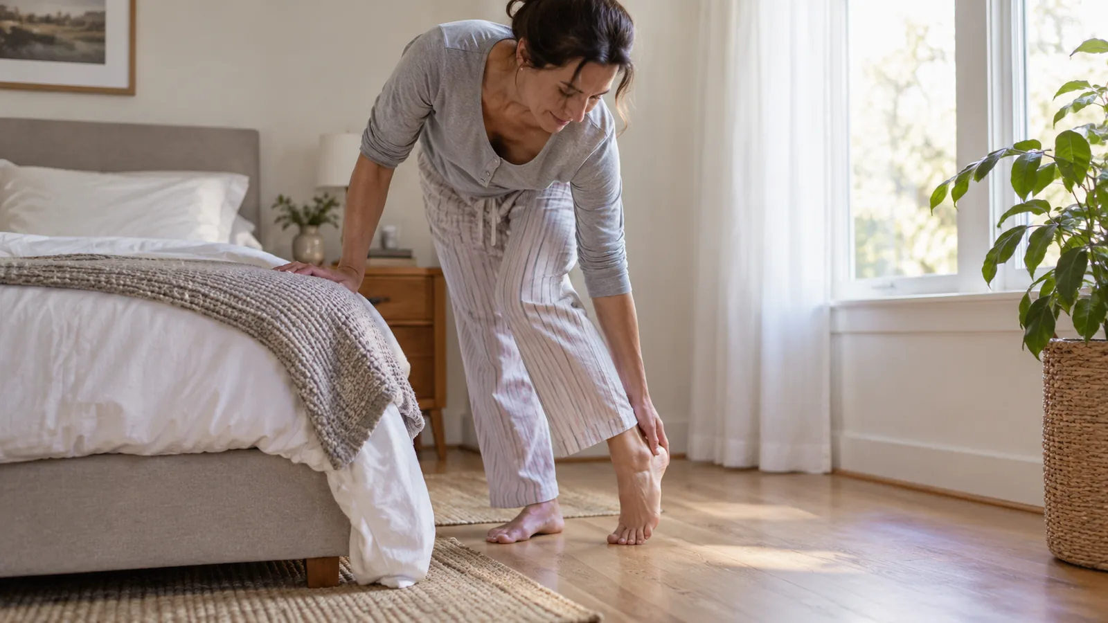 Una donna si prepara a fare i primi passi del mattino, attenta al dolore al piede
