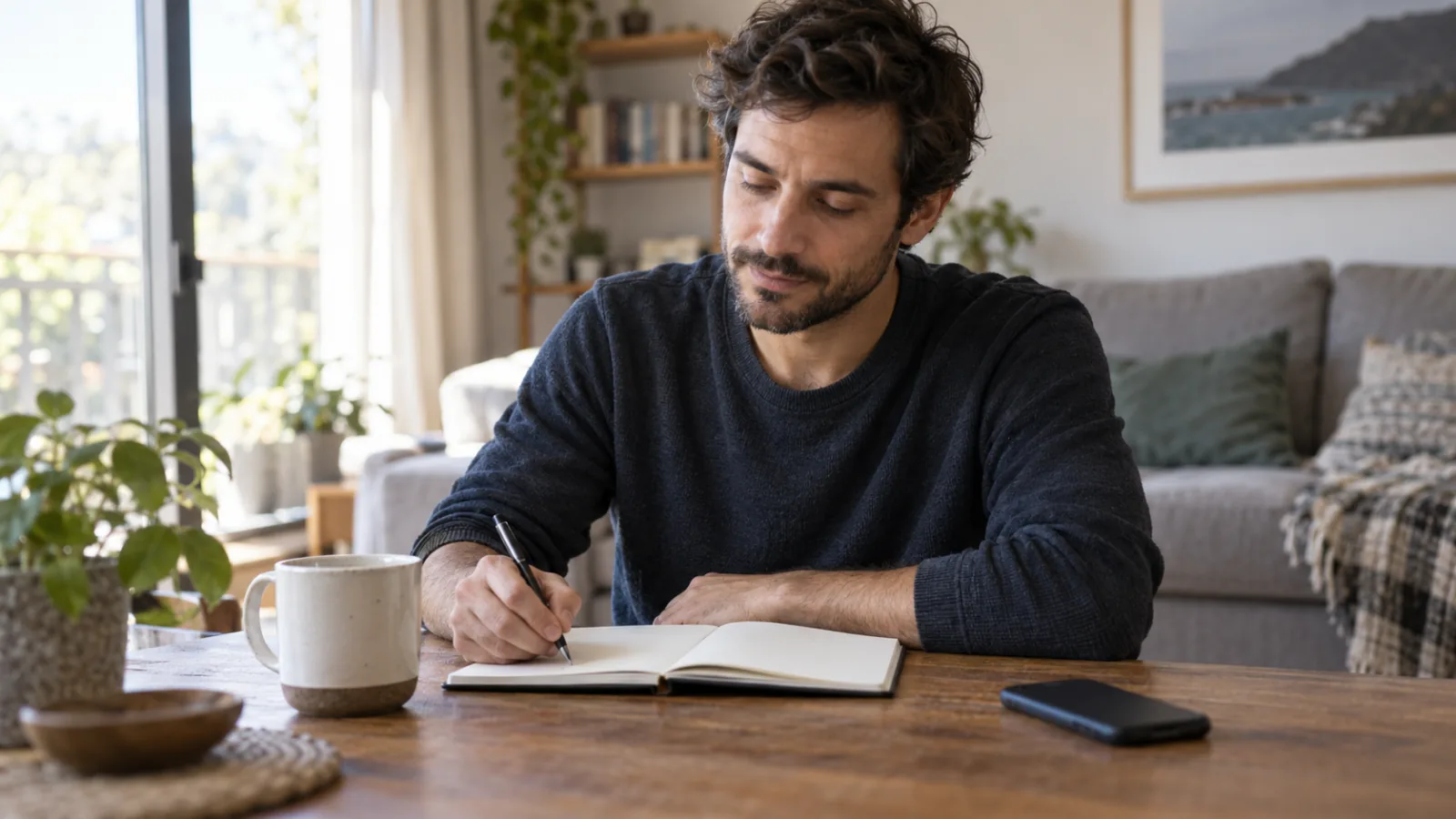 Un uomo scrive su un quaderno seduto al tavolo di casa