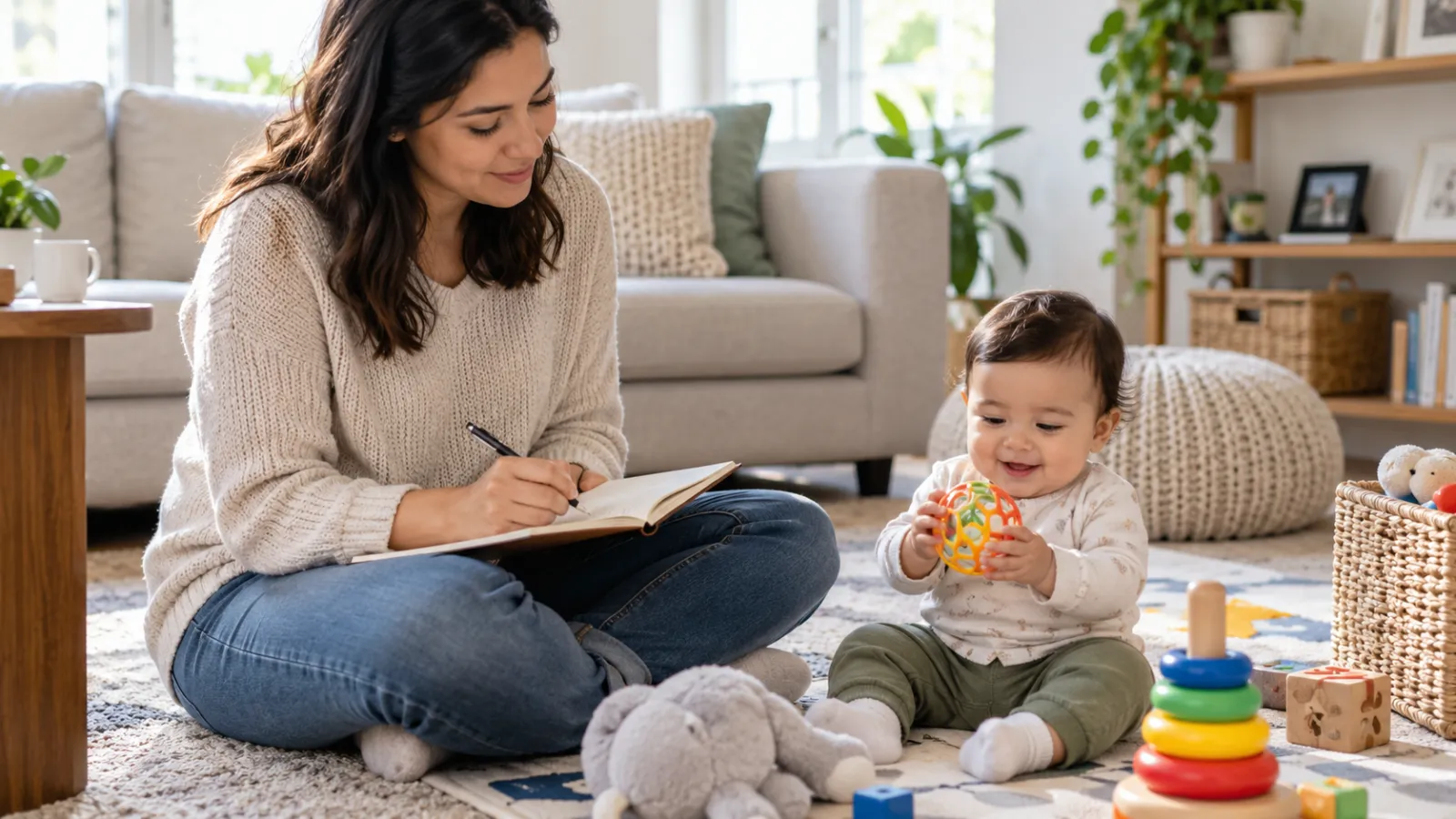 Uma mãe anota observações enquanto o bebê brinca ao lado