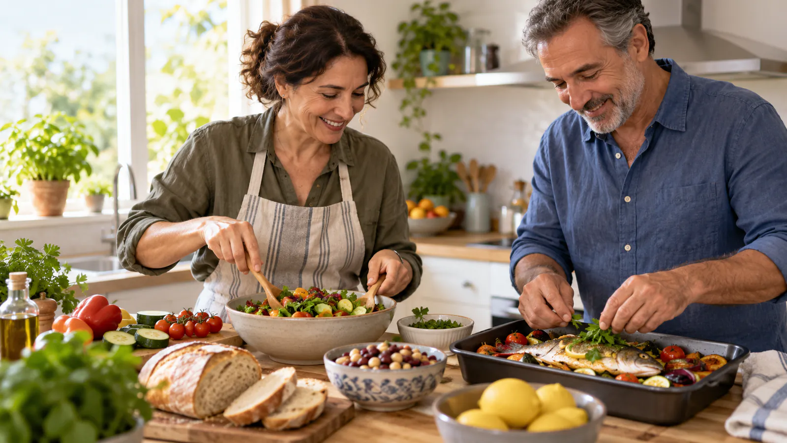 Um casal adulto prepara em casa uma refeição variada com verduras, leguminosas e peixe