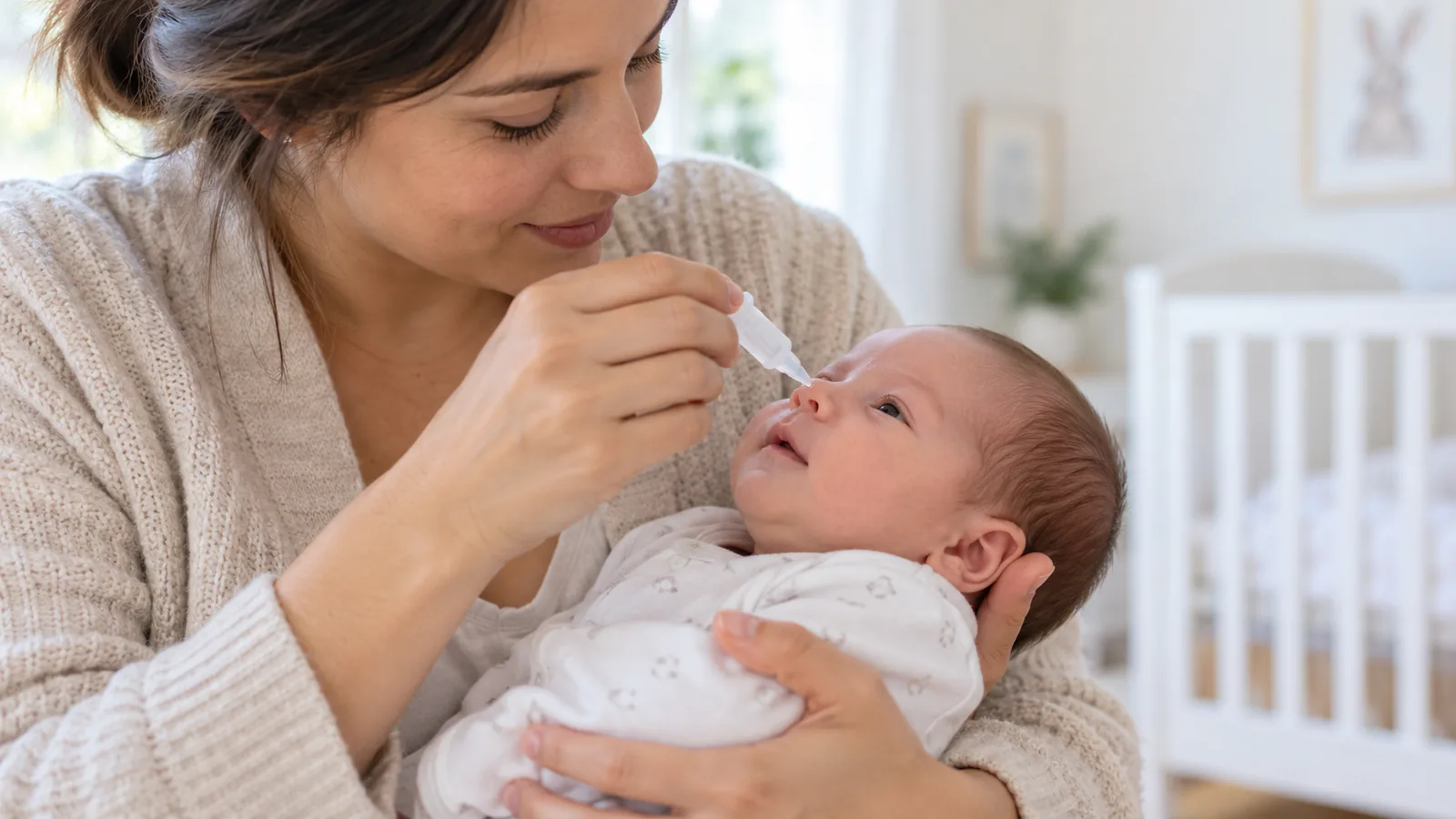 Forelder som gir babyen nesedråper