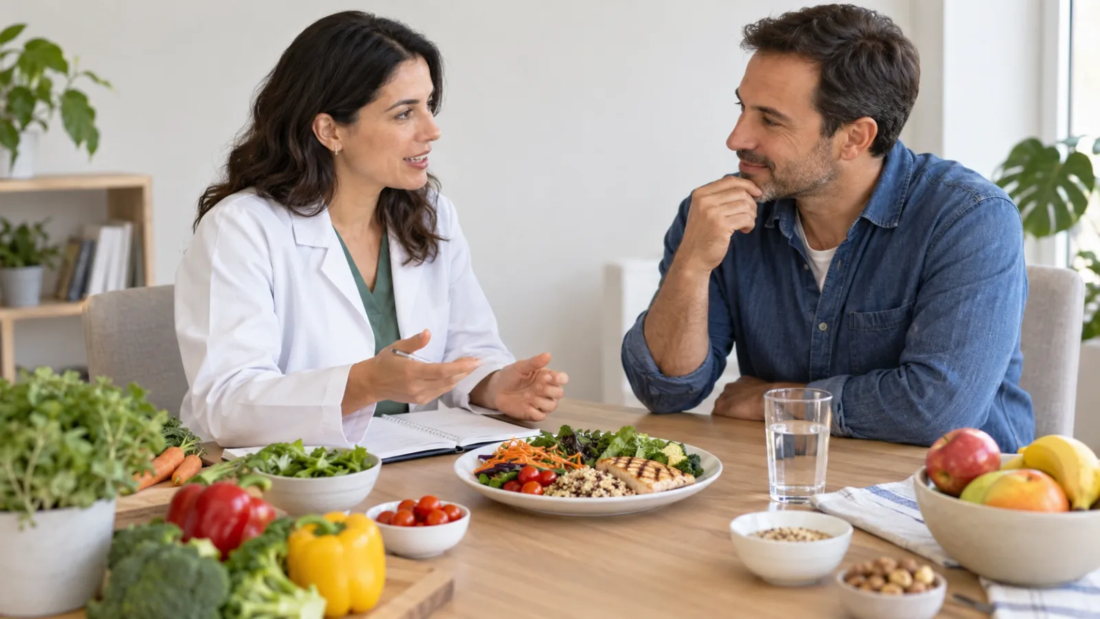 Una professionista con il camice parla a tavola con un uomo davanti a piatti di verdure e legumi