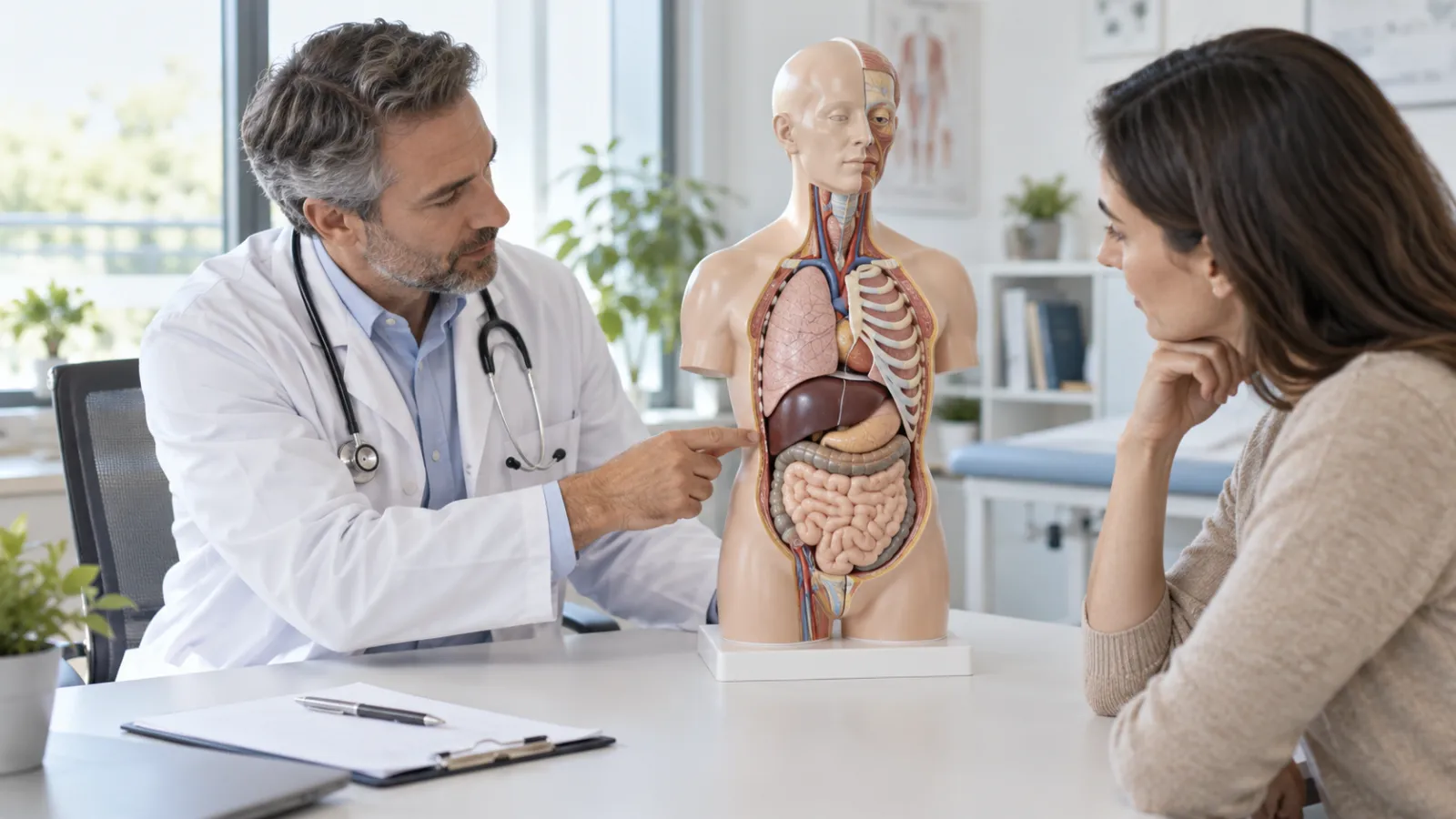 Lekarz pokazuje na modelu anatomicznym narządy jamy brzusznej