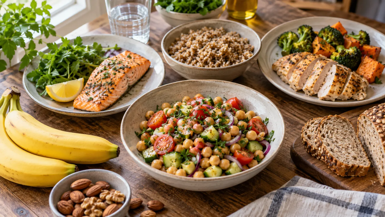 Mesa con pescado, garbanzos, plátano, cereales y otros alimentos.