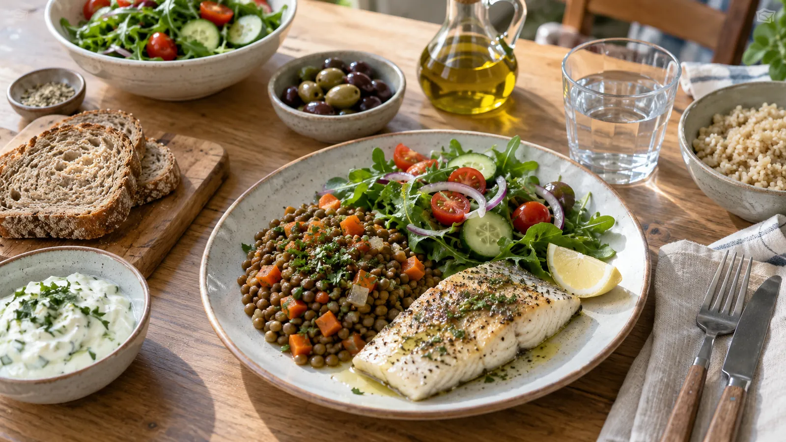 Piatto con pesce al forno, lenticchie e insalata, accanto a pane integrale e olio d’oliva