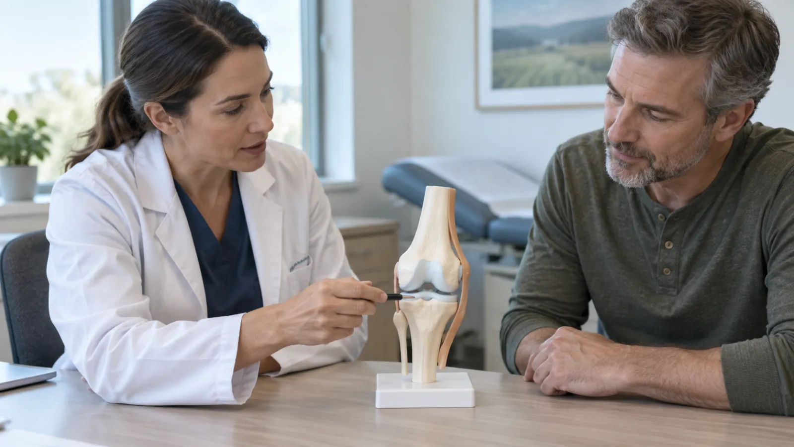 Arts laat een man aan de hand van een kniemodel de meniscus zien