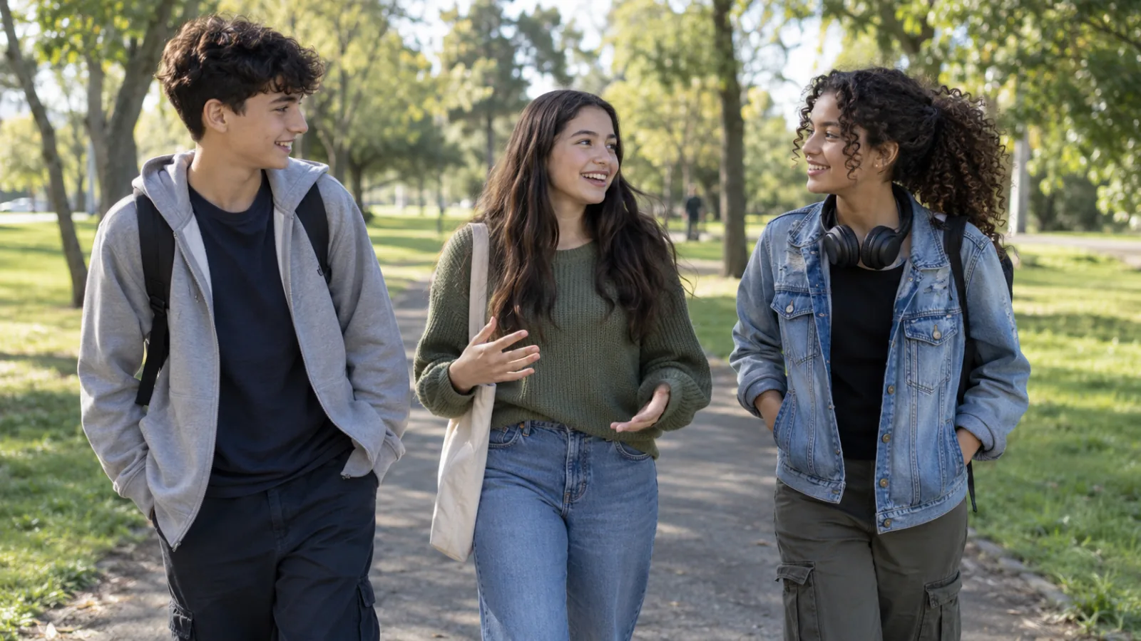 Tre adolescenti camminano insieme in un parco