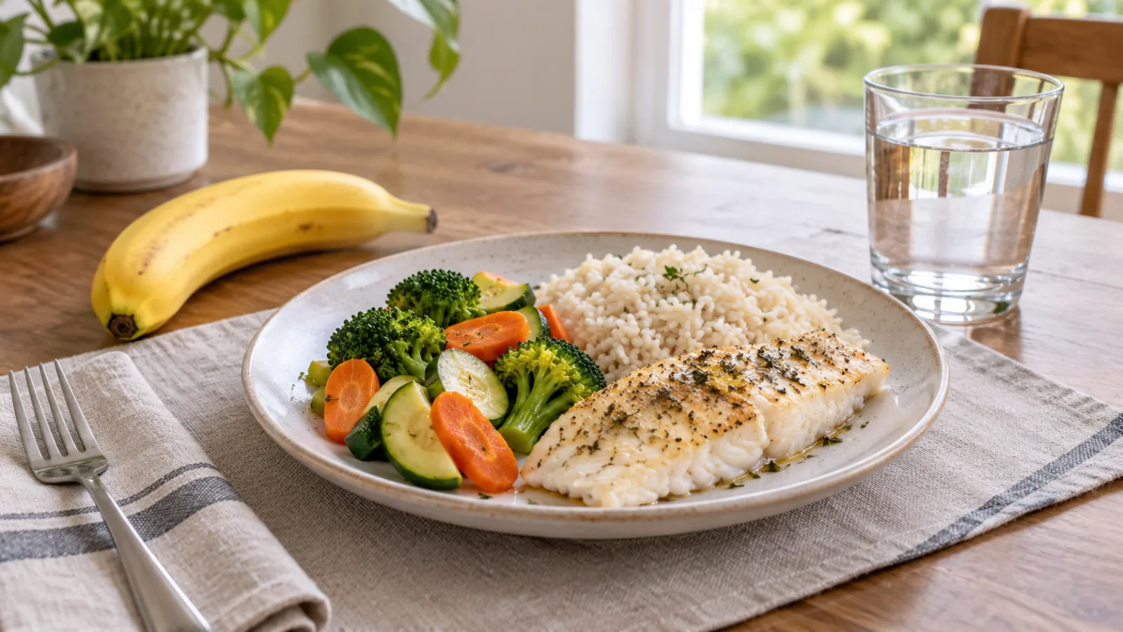 Um prato com peixe, arroz e legumes cozidos ao lado de uma banana e um copo de água