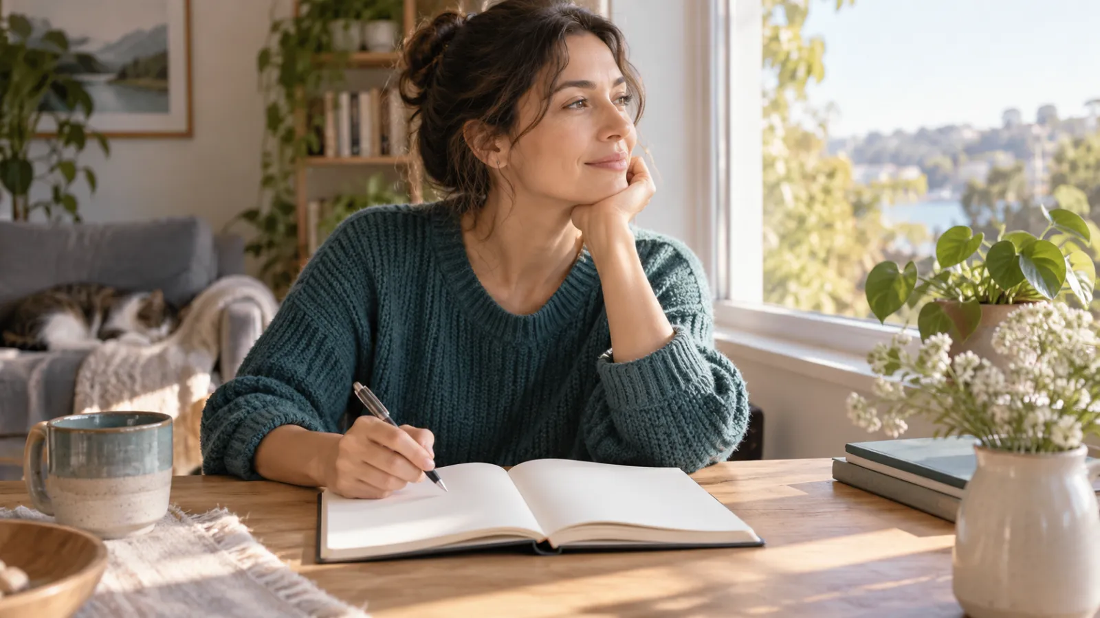 Persona adulta se toma un momento para escribir en un cuaderno.