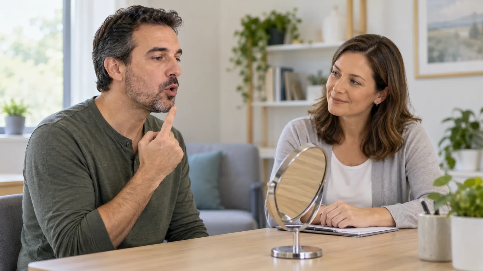 Uma pessoa pratica um som da fala diante de um espelho enquanto uma fonoaudióloga escuta