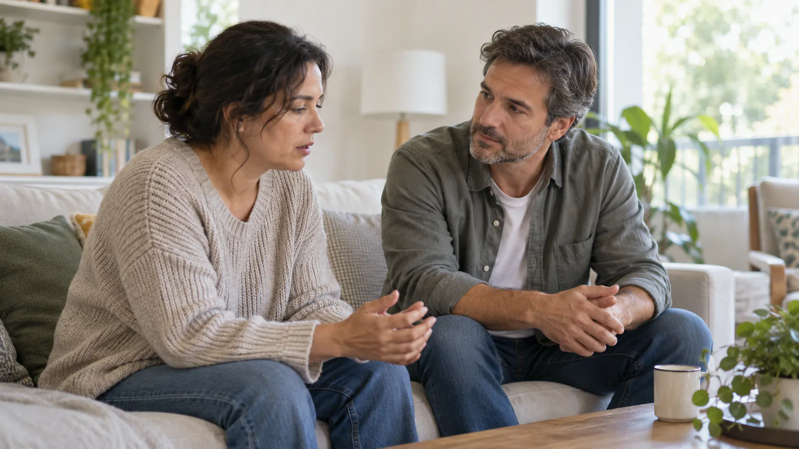 Kvinde og mand taler roligt sammen i en sofa